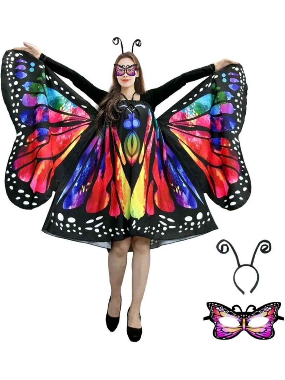 🎃Women's Red Halloween Wings Cape Flowy Long Dress Printed Butterfly Costumes